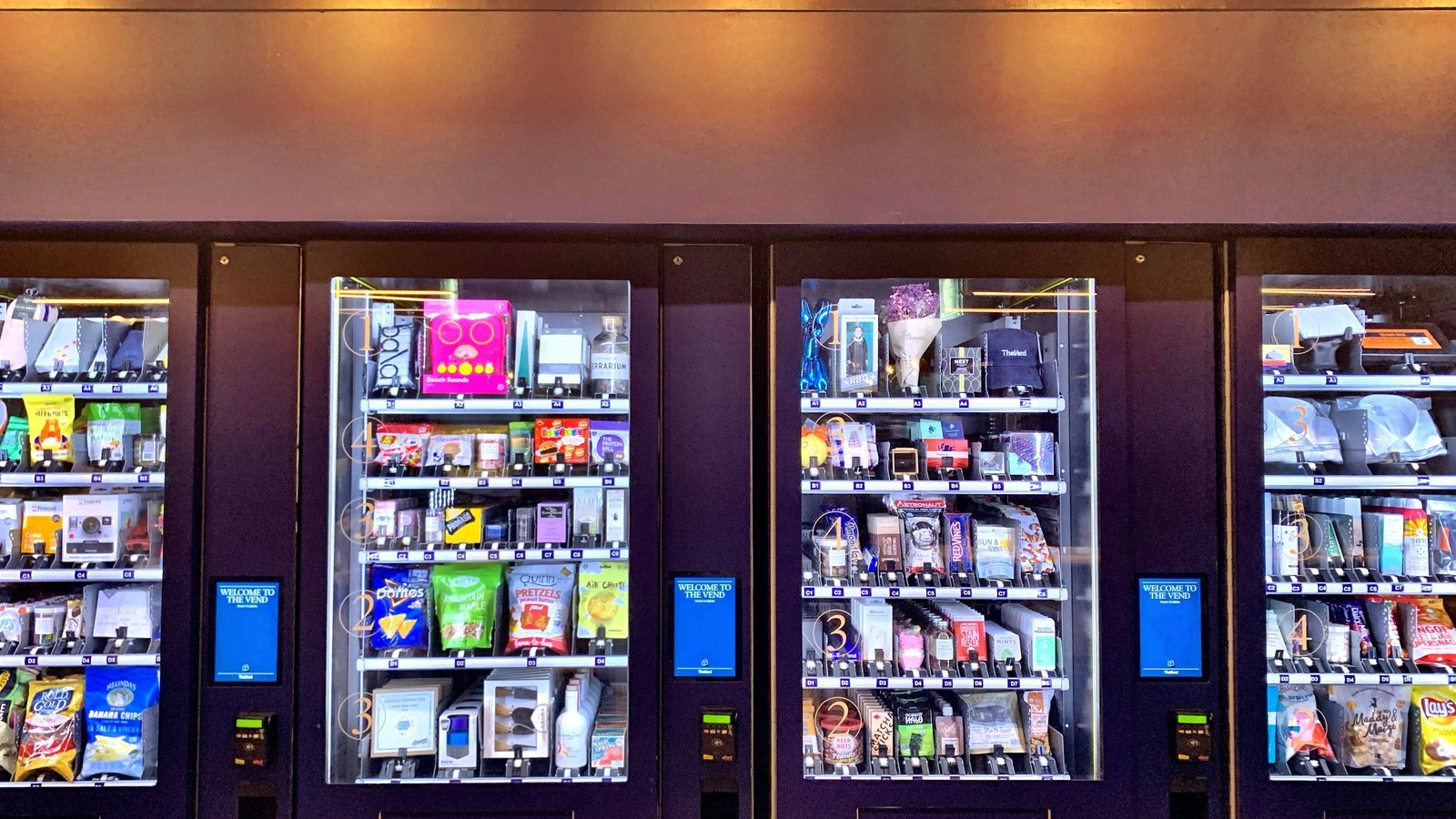 Modern vending machine row with bright LED illumination